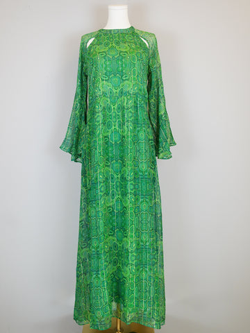 Flare Sleeve Maxi Dress - Malachite Green and Gold