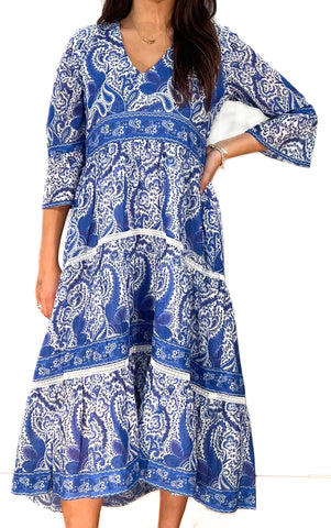 Water Mill Dress- Effervescent Paisley- White/Blue/Navy