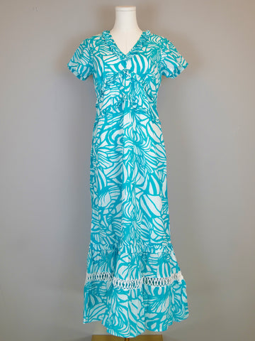 Mallory Maxi Dress- Abstract Floral - White/Capri Turquoise