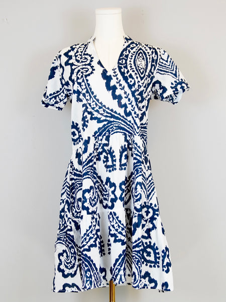 Alison Shortsleeve Dress - Oversized Ikat White and Navy