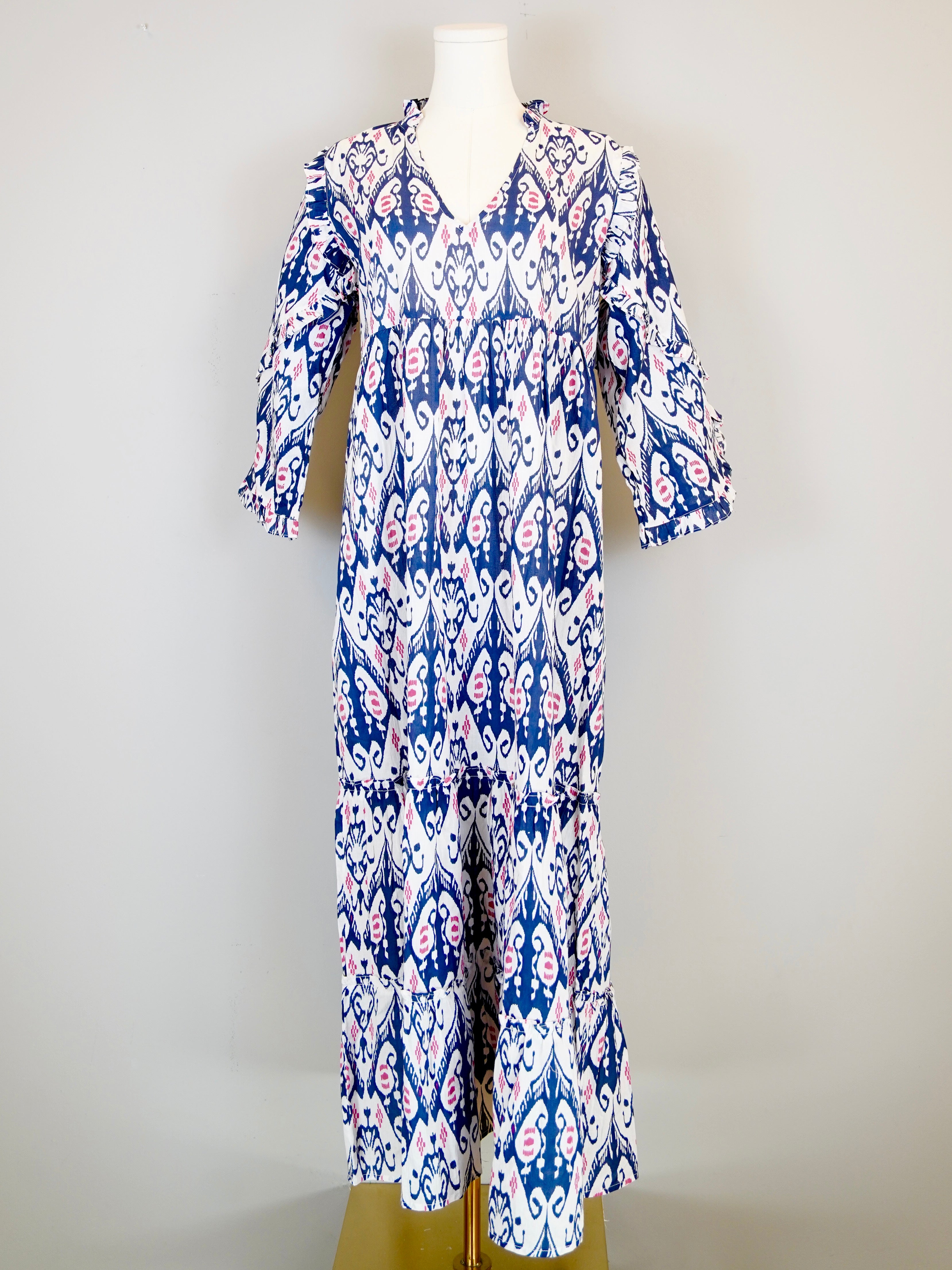 Claythorne Maxi Dress - Ikat White, Navy Blue with Pink - XS Claythorne Maxi Dress - Ikat White, Navy Blue with Pink - XS