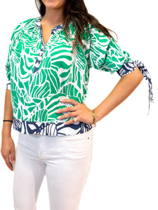 Margot Top With Ties-Abstract Floral- Green/White