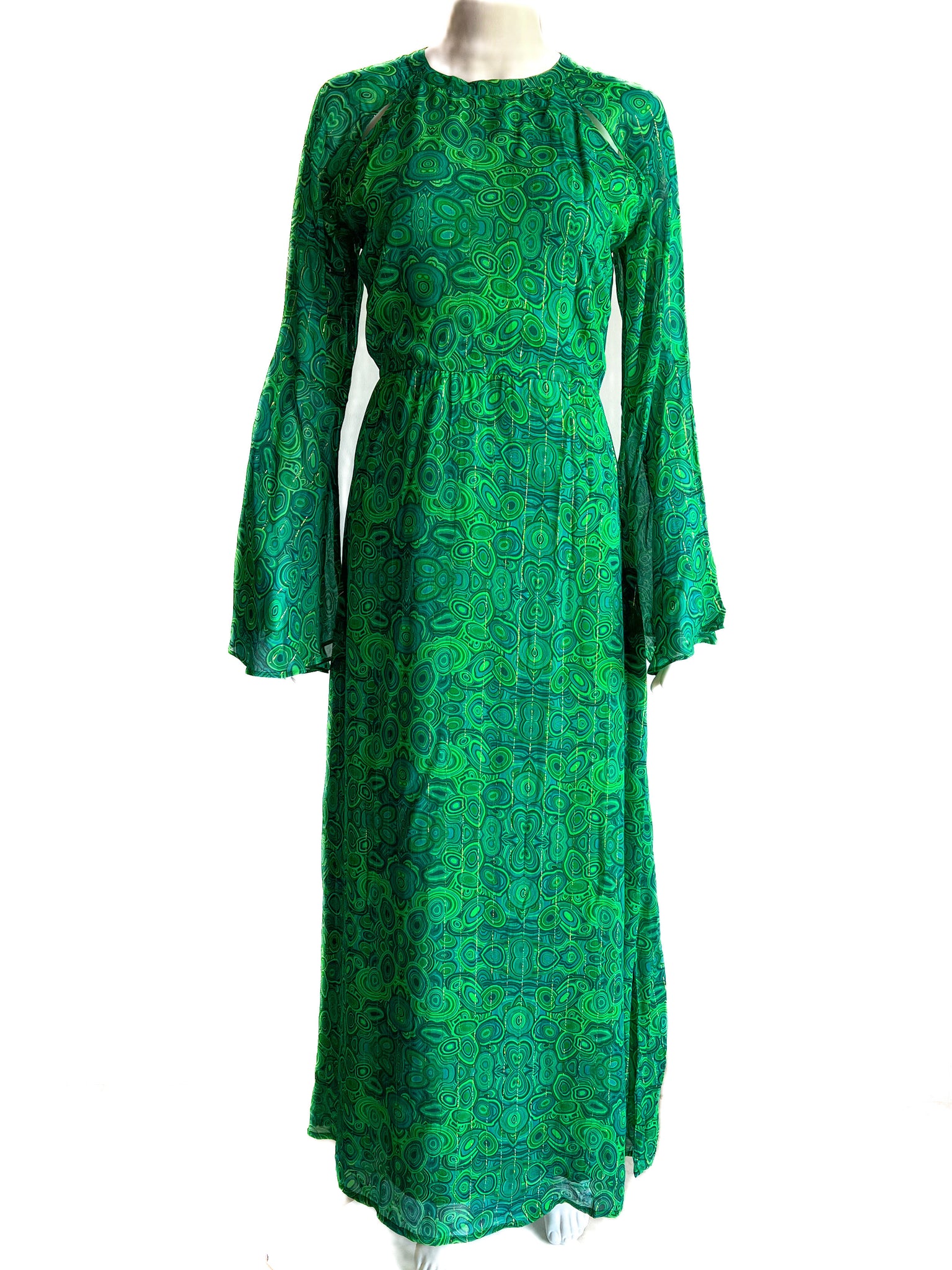 Flare Sleeve Maxi Dress - Malachite Green and Gold