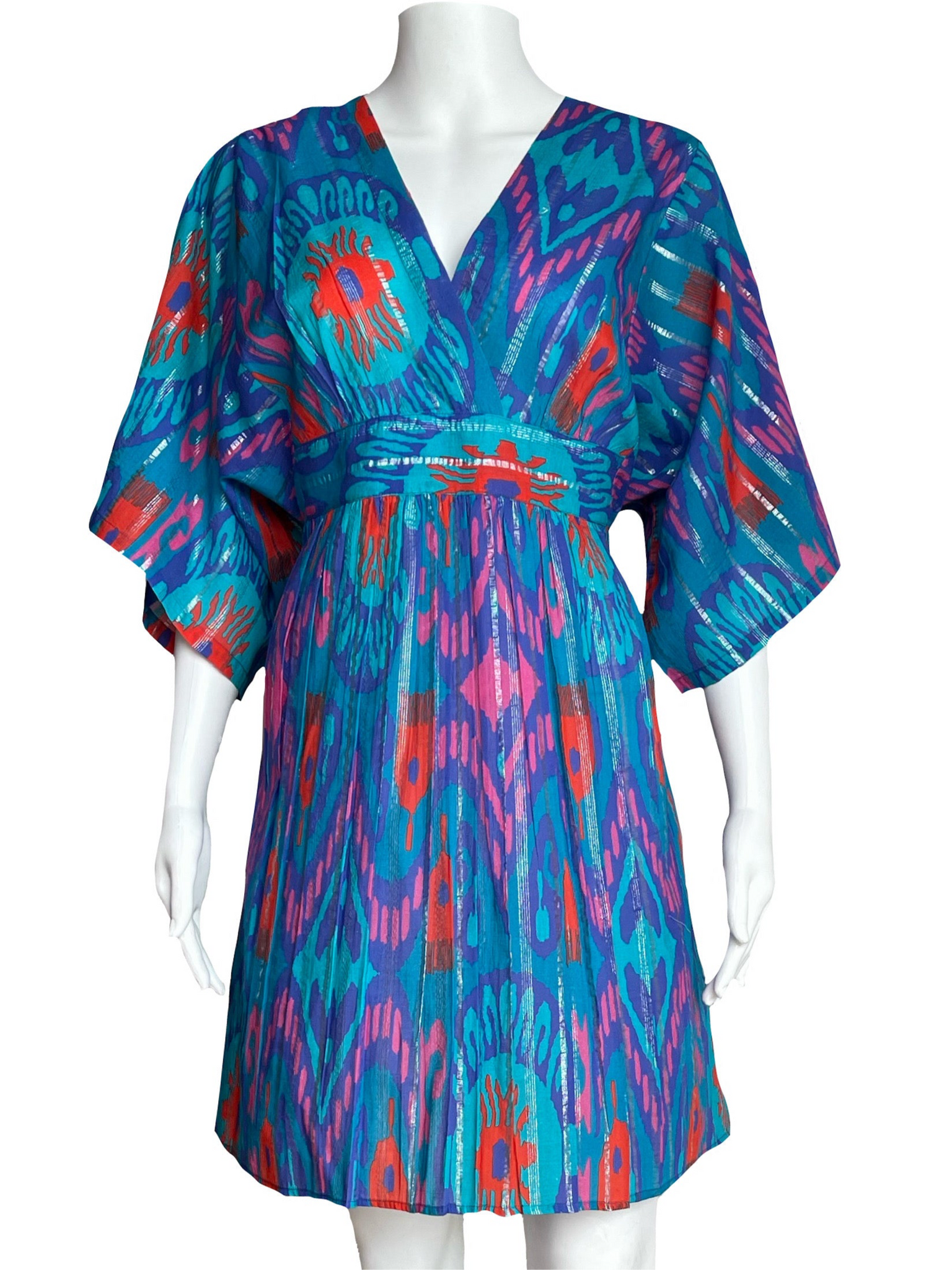 Vintage Kaftan - Short! - Island Ikat - Turquoise Multi with Silver Lurex