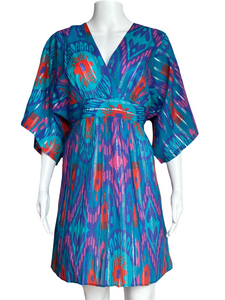 Vintage Kaftan - Short! - Island Ikat - Turquoise Multi with Silver Lurex