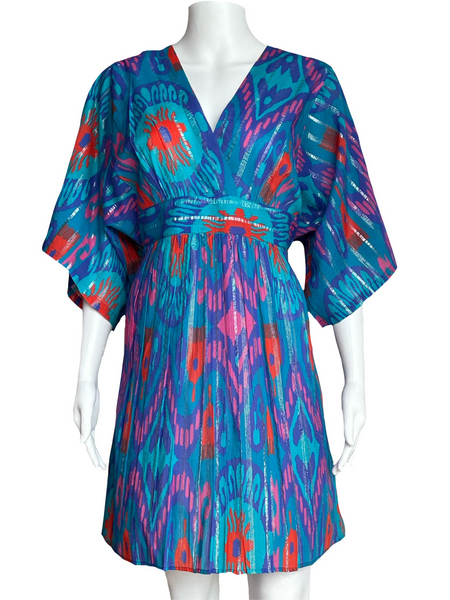 Vintage Kaftan - Short! - Island Ikat - Turquoise Multi with Silver Lurex