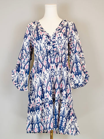 Meridian Dress in “Wing” Ikat White, Navy and Fuchsia