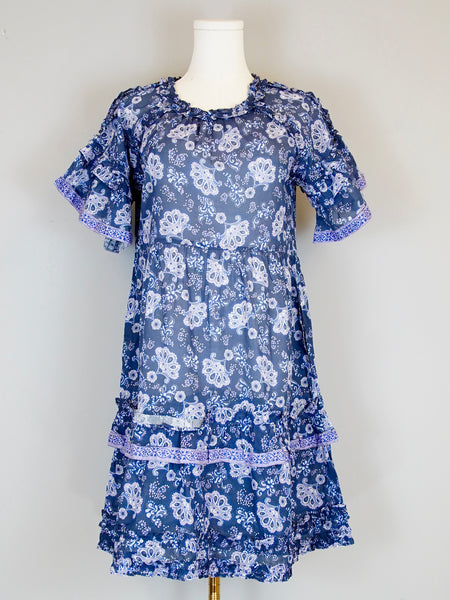 Ella Dress - Retro Floral Navy and Periwinkle