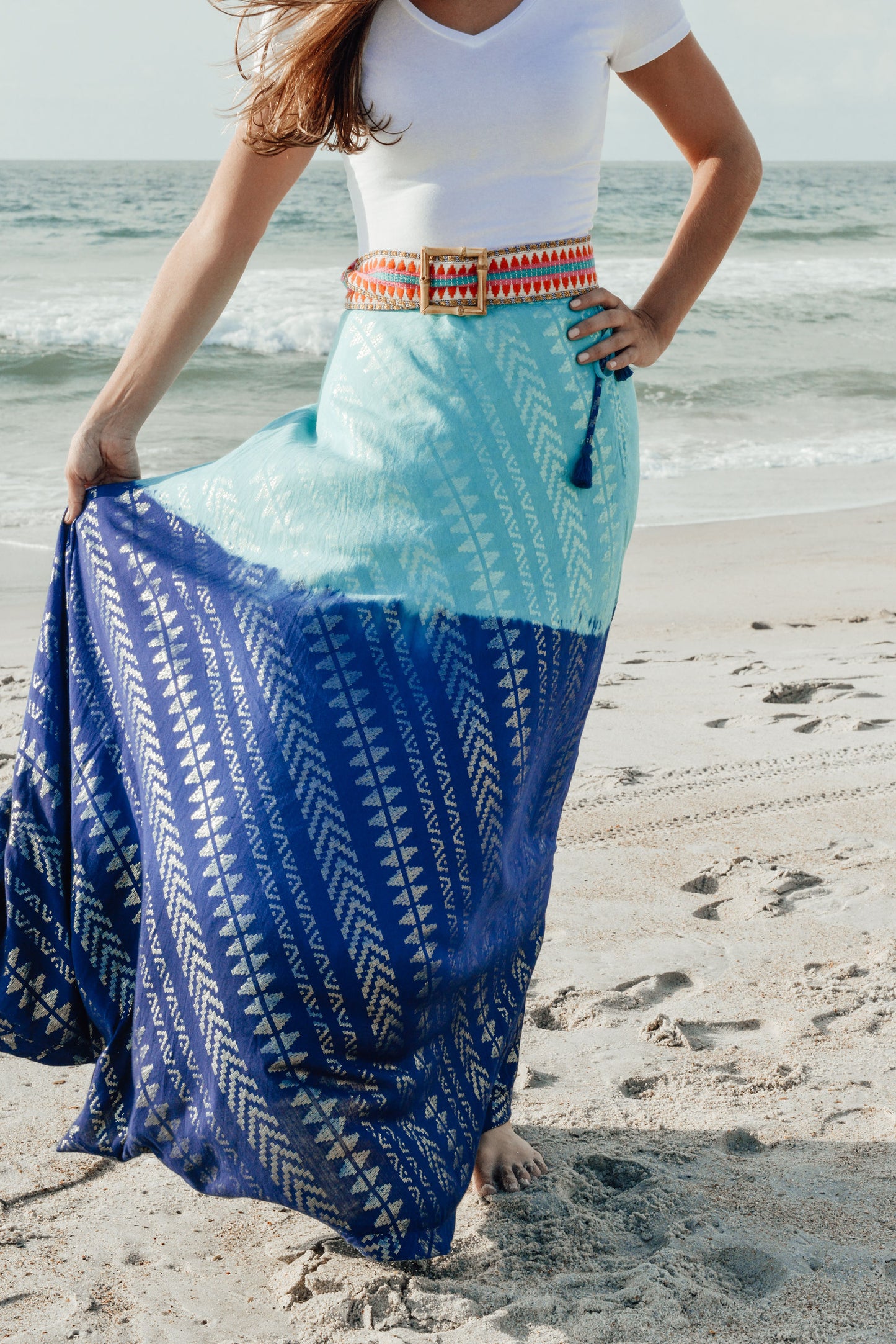 Circle Maxi Skirt - Tribal Gold Lurex in Ombre Ocean Blues