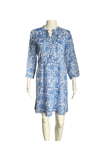 Maye Dress - Block Print White and Blue