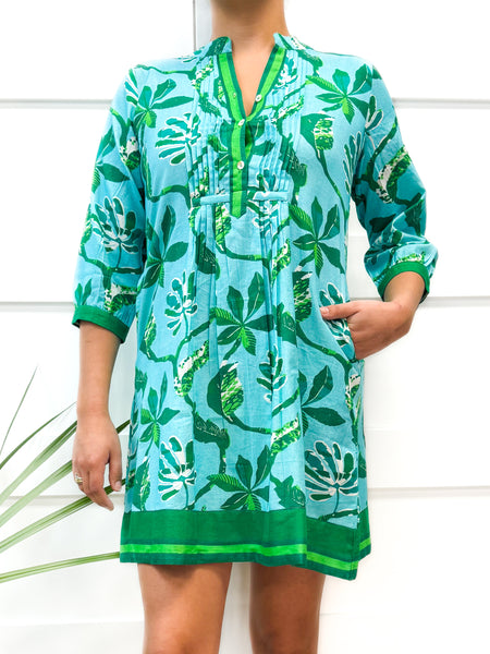 Maye Dress - Jungle Vines - Sky Blue & Greens