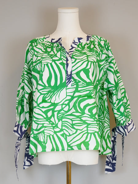 Margot Top With Ties-Abstract Floral- Green/White