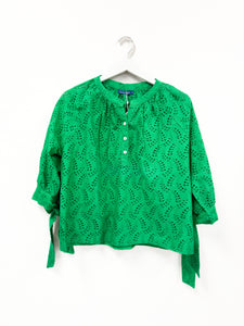 Margot Top With Tie Sleeves - Schiffli Eyelet- Green