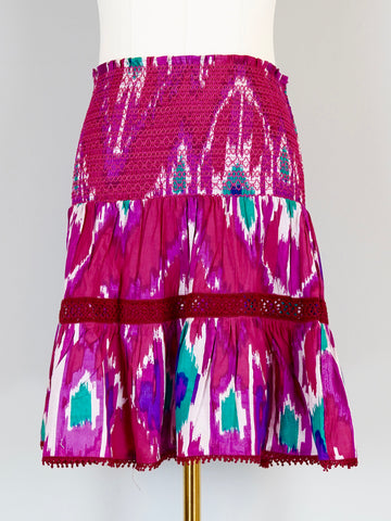 Cory Smocked Skirt - Ikat Fuchsia, Turquoise Multi