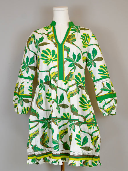 Alison Longsleeve Dress - Jungle Vines - White/Green