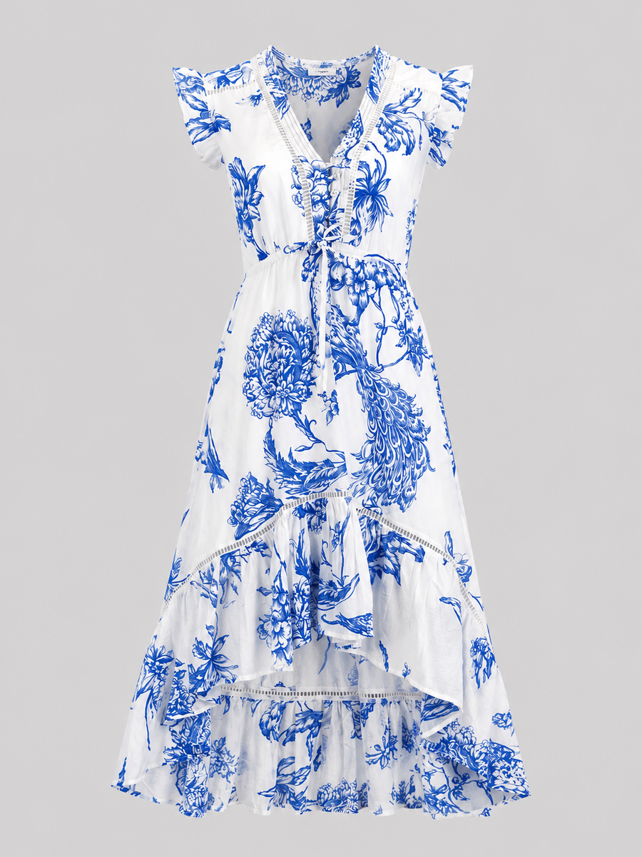 Nina Hi-Lo Dress - Peacock Floral Print in White and Blue