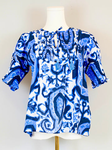 Celerie Top - Vintage Paisley in White, Navy Blue and Periwinkle