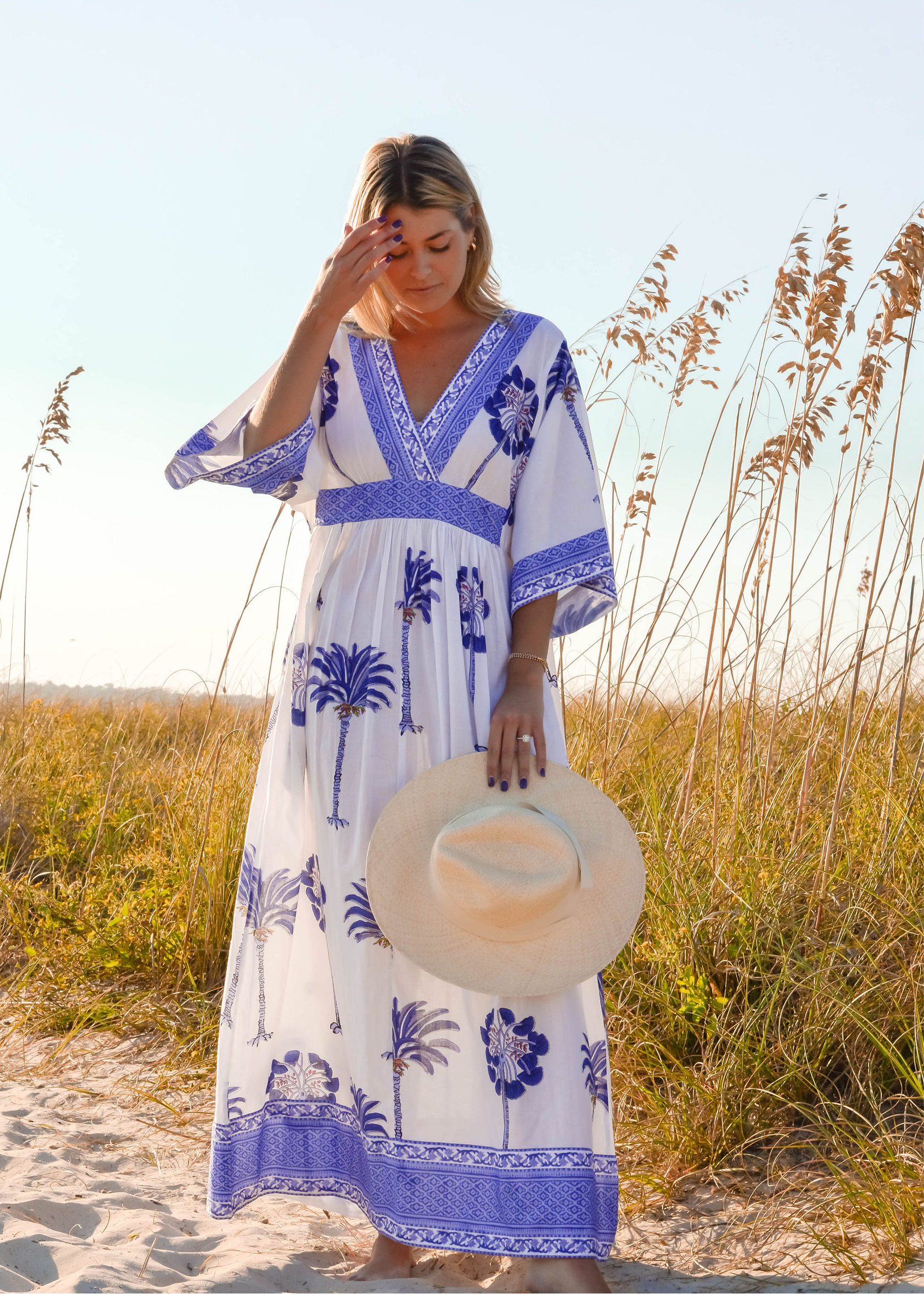 Vintage Kaftan Maxi Dress in South Carolina Palm Print White, Navy and Periwinkle - X-Small Vintage Kaftan Maxi Dress in South Carolina Palm Print White, Navy and Periwinkle - X-Small