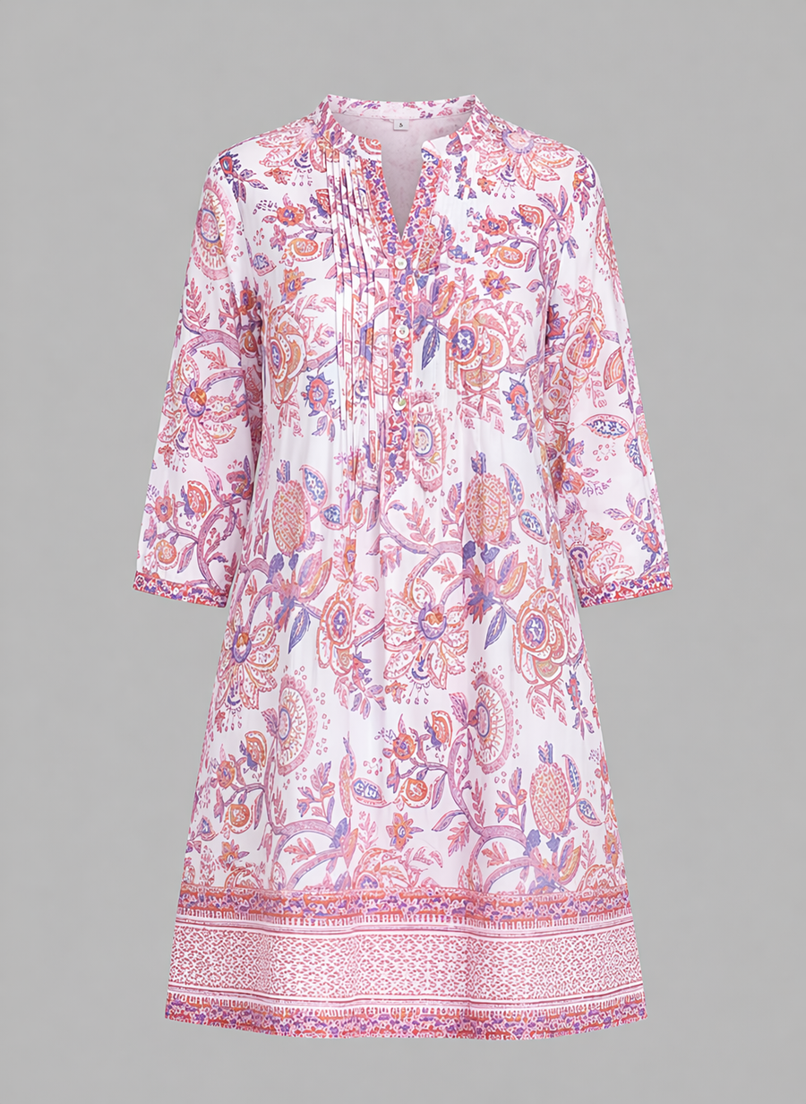 Maye Dress- Floral Block- White with Coral Pinks and Periwinkle