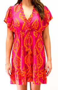 Ruthie Ruffle Dress- Batik Leaf- Pink/Orange