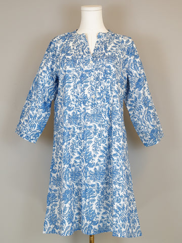 Maye Dress - Block Print White and Blue