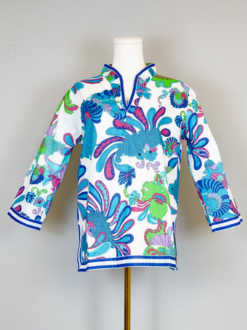 Carolyn Tunic Top - Mod Floral in White and Blue Multi