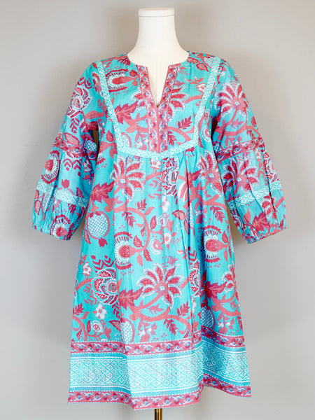 Jordan Dress- Floral Block- Turquoise Blue and Coral Pinks