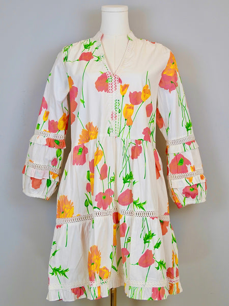 Alison Longsleeve Dress- Falling floral- White/Multi
