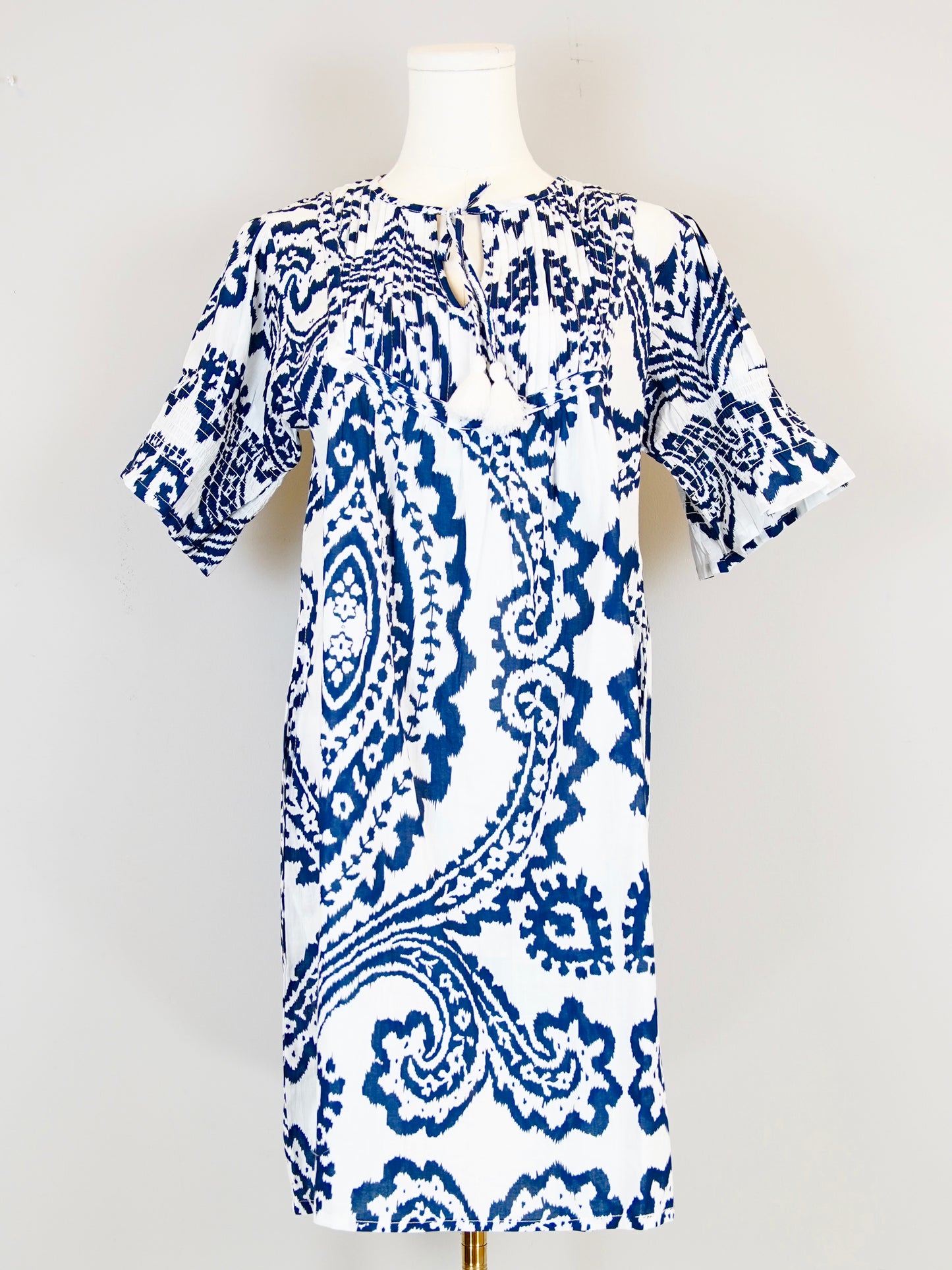 Celerie Dress - Oversized Ikat in White and Navy Blue