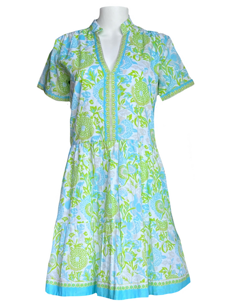 Alison Shortsleeve Dress - Floral Block - White, Bliss, Kiwi & Sky