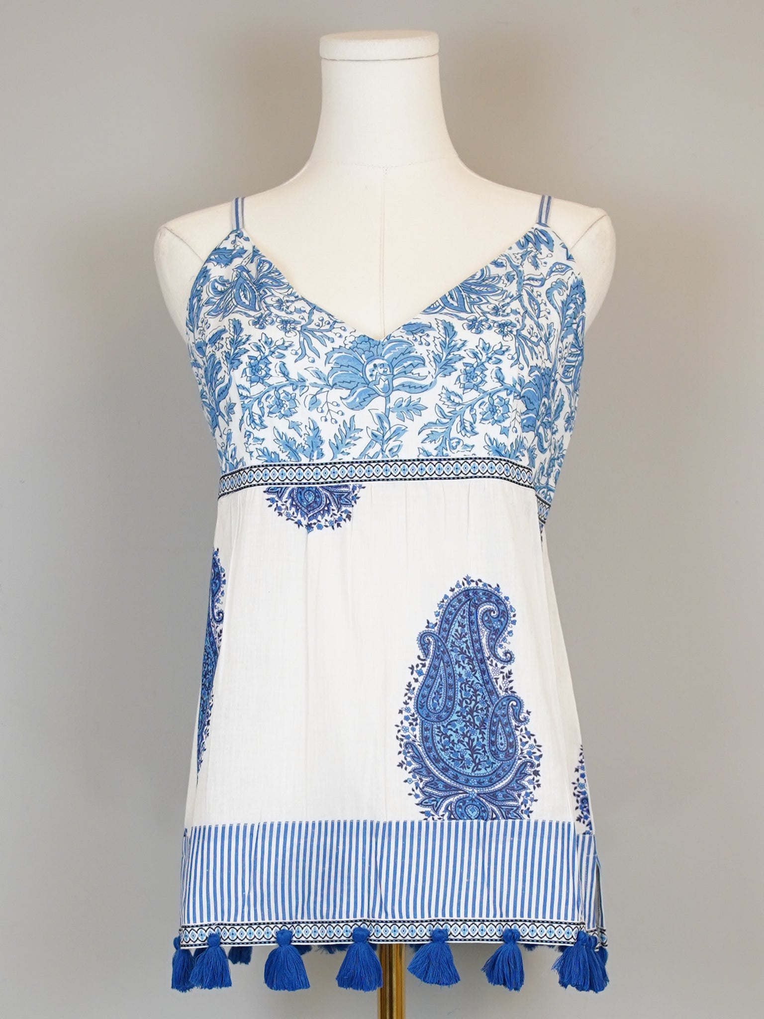 Fiesta Tank Top- Large Paisley- White/Blue