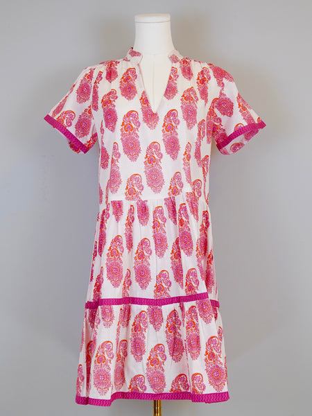 Alison Shortsleeve Dress - Floral Paisley in White, Pink and Orange