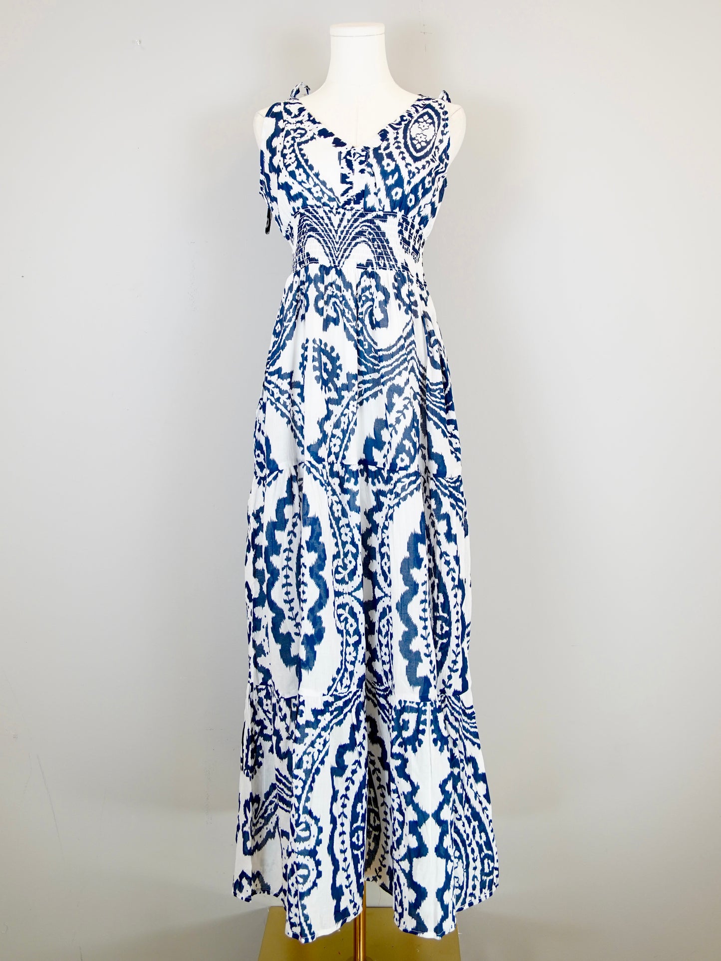 Beaufort Tie Top Maxi Dress - Oversized Ikat White and Navy Blue