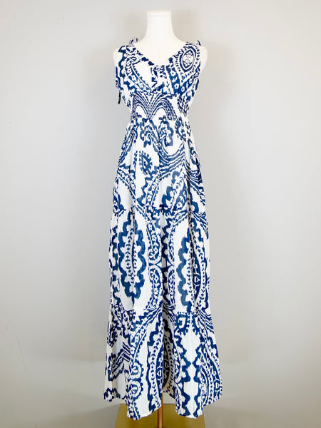 Beaufort Tie Top Maxi Dress - Oversized Ikat White and Navy Blue