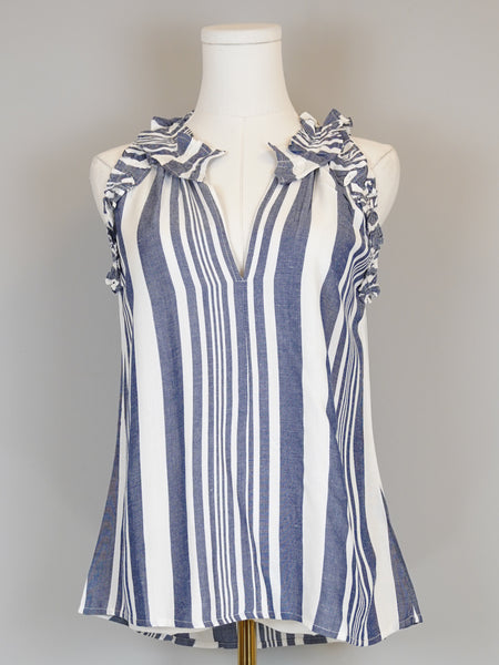 Butterfly Ruffle Top- Woven Stripes- Navy/White