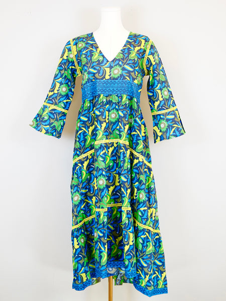 Water Mill Dress - Floral Block in Navy, Green