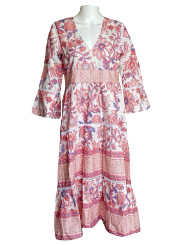 Water Mill Dress- Floral Block- White with Coral Pinks and Periwinkle