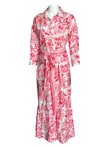 Ann Marie Maxi Dress- Floral Block- White/Coral (Sash Belt)