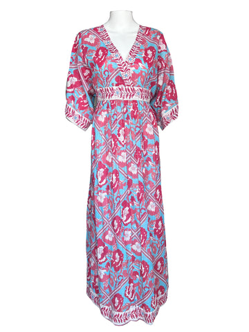 Vintage Kaftan Maxi Dress- Watercolor Floral- Turquoise/Coral