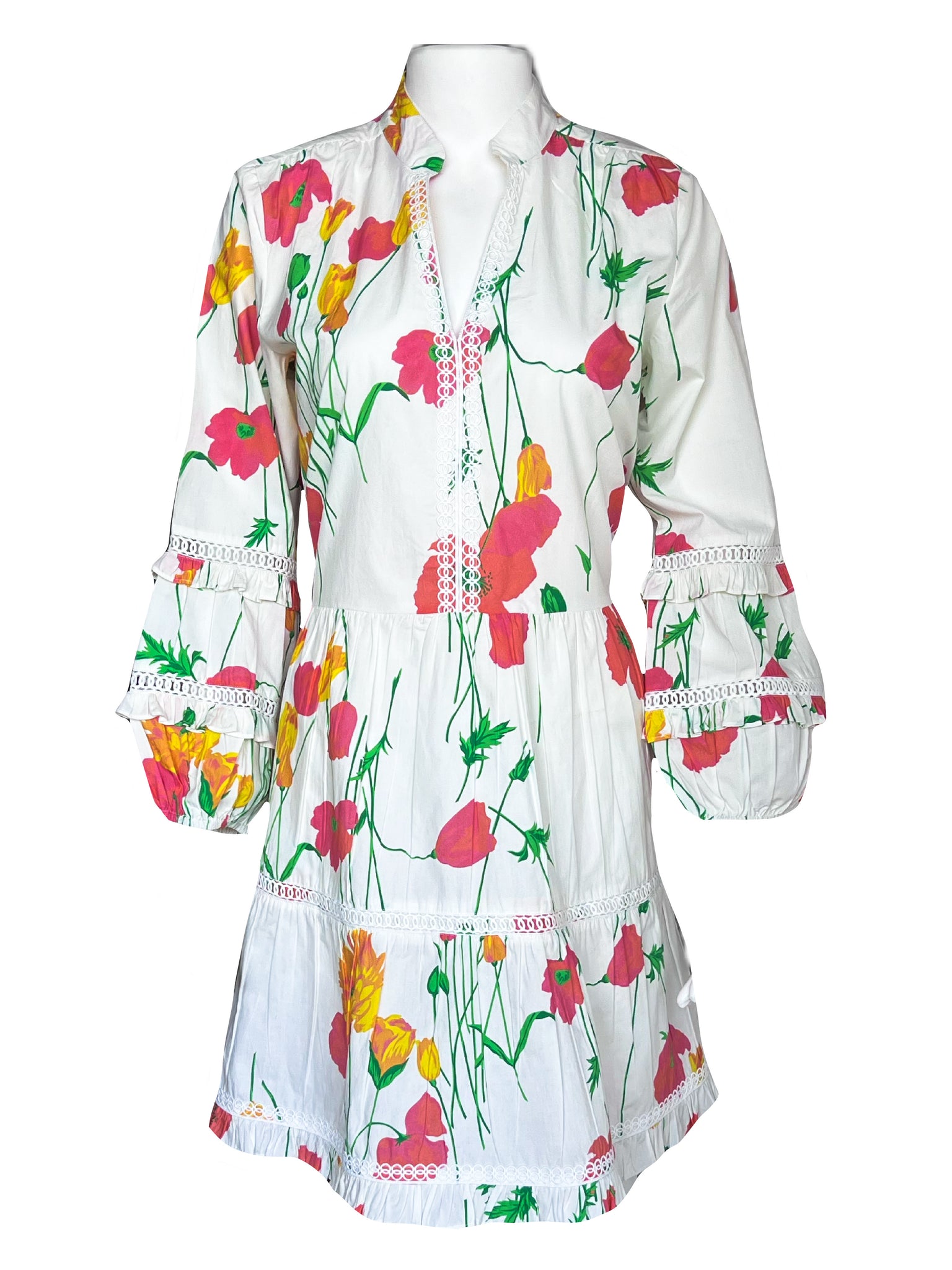 Alison Longsleeve Dress- Falling floral- White/Multi