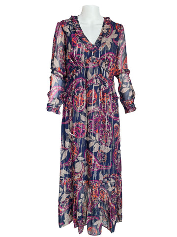 Mallory Maxi Dress Longsleeve - Paisley Navy Blue Multi