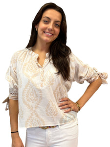 Margot Top with Ties- Batik Leaf- White/Sheer Bliss