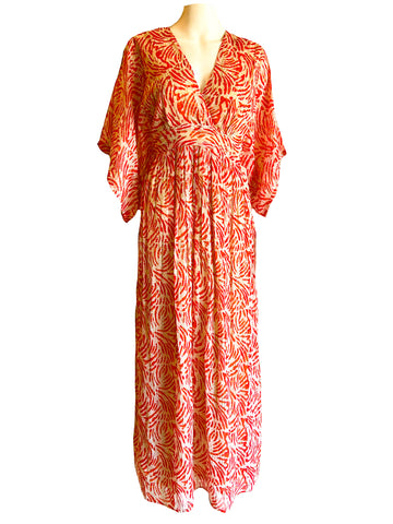 Vintage Kaftan Maxi Dress- Jungle Dot- Gold Georgette Orange/Bliss