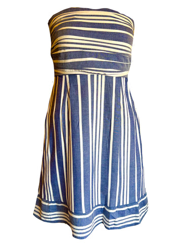 Ruched Strapless Dress- Woven Stripes- Navy/White