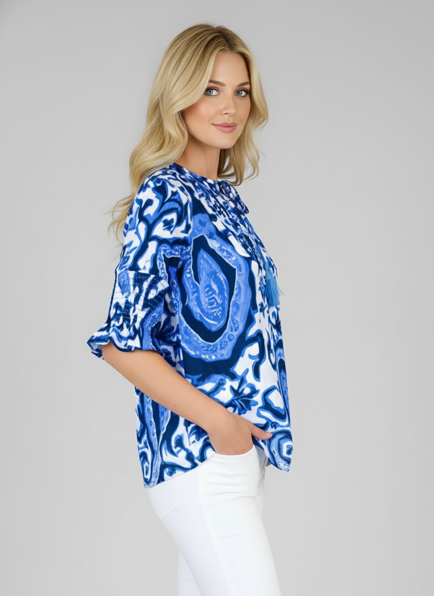Celerie Top - Vintage Paisley in White, Navy Blue and Periwinkle