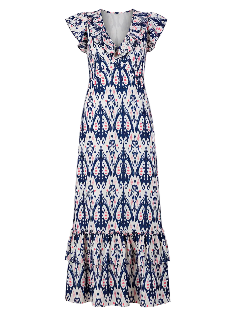 Sarah Ruffles Sarah Ruffle Maxi Dress - Winged Ikat in White, Navy and Fuchsia with ...