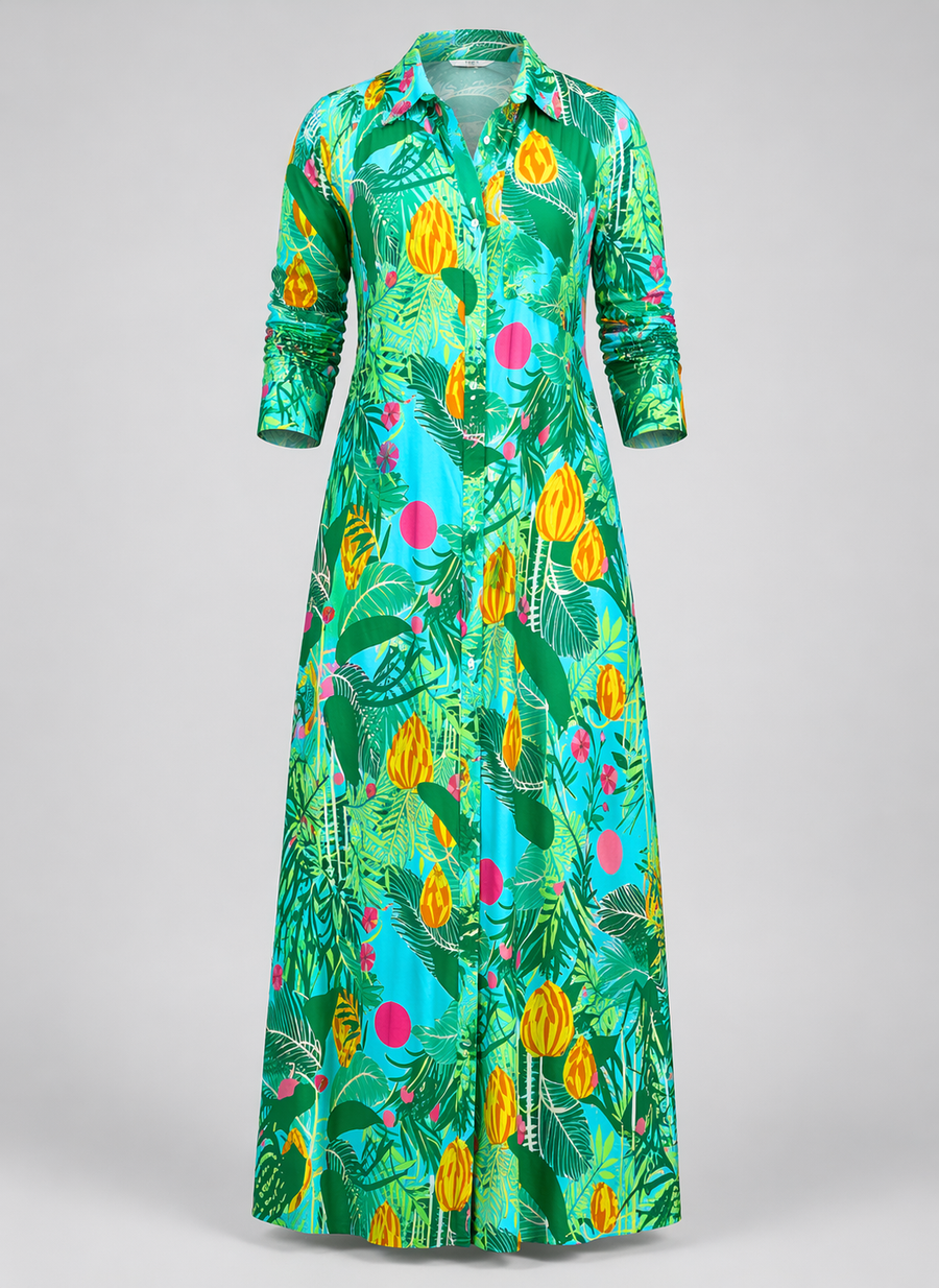 Shirtdress Maxi Dress- Banana Jungle - Capri Turquoise