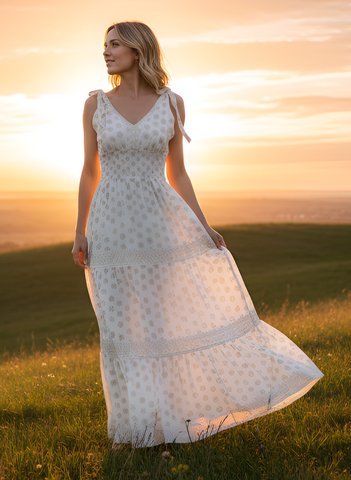 Beaufort Tie Top Maxi Dress - White with Metallic Gold Block Print