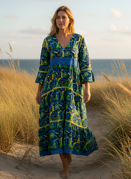 Water Mill Dress - Floral Block in Navy, Green