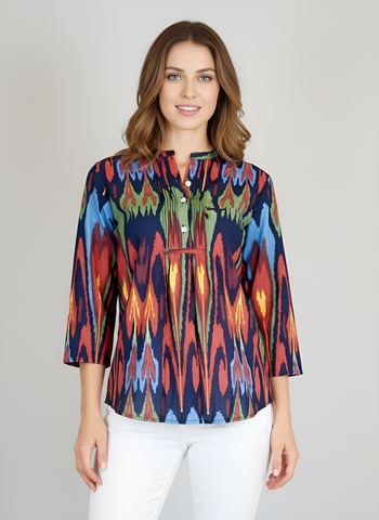 LP Pintuck Top - Ikat Navy Multi